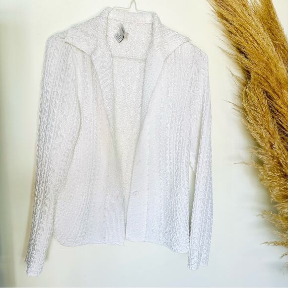 VINTAGE White Textured Long Sleeve Clear Button Down Blouse Shirt Sweater Top S - Picture 5 of 9